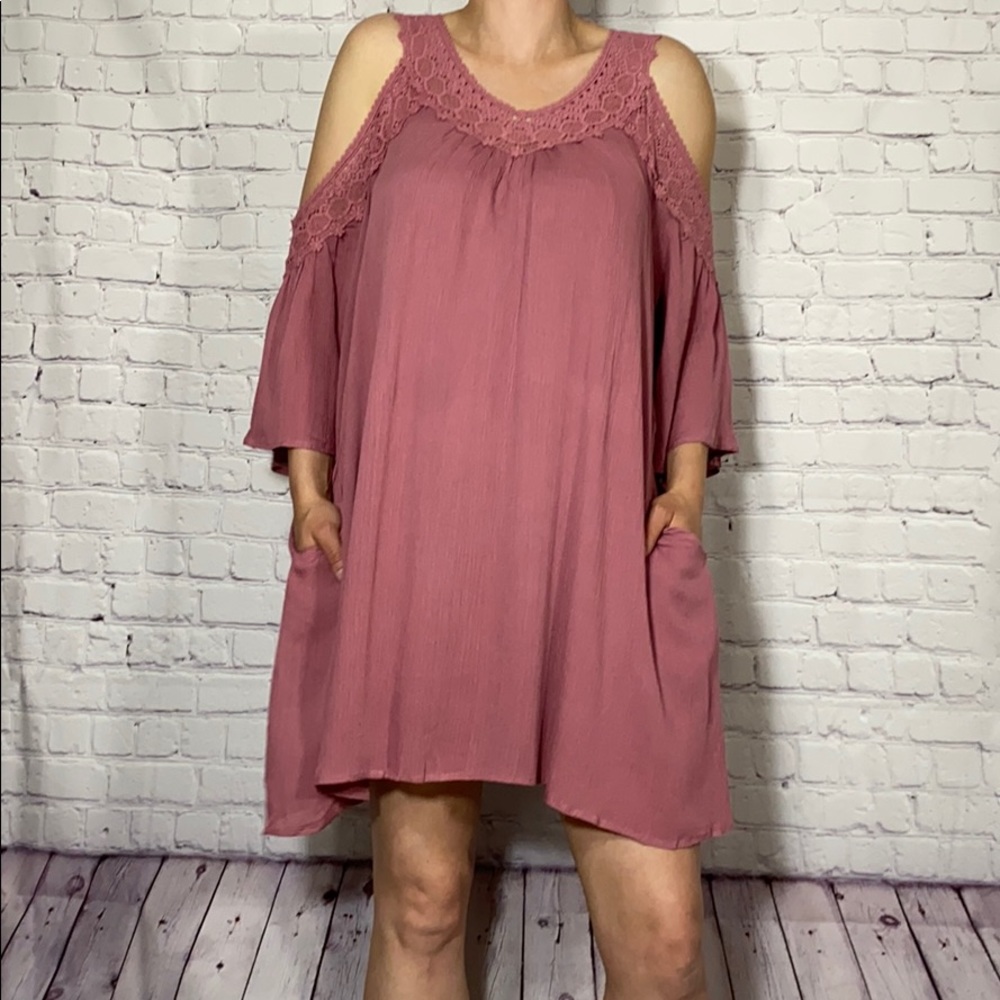 Rose embroidery cold shoulder boho dress